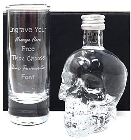 Regalo Personalised Engraved Tall Shot Glass & Miniature Alcohol (Crystal Head Vodka)