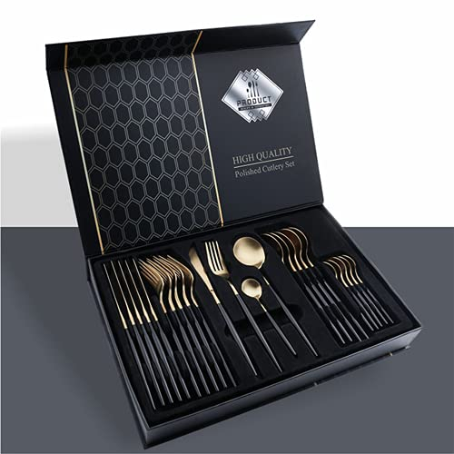 Ensemble de couverts en acier inoxydable plaqué or ensemble de 24 pièces couteau fourchette et cuillère ensemble vaisselle coffret cadeau (Black)