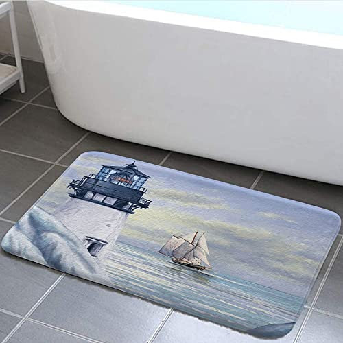 Nautischer Leuchtturm-Badteppich, blaues Ozean-Thema, Sonnenaufgang und Segelboot, Duschteppich, Flanell, rutschfest, Ozean, Küste, Badezimmer, Dekoration, 43,2 x 73,3 cm
