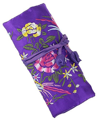 Lidwot 1 Piece Dark Purple Embroidery Flower and Bird Silk Brocade Jewelry Roll Bag,Travel Jewelry Organizer Bag with Ribbons Tie Close