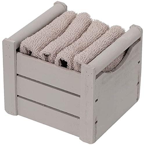 Casatessile Set mit 4 Waschtischen 30x30 cm. mit Holzkorb Classic Einfarbige Badetücher mit minimalem Korb. - Tortora