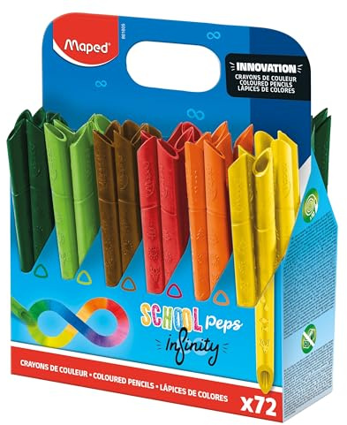 Maped - SCHOOL'PEPS INFINITY COLOURED PENCILS - 100% LEAD, 100% USABLE - ZERO WASTE - NO SHARPENING – LONG LASTING – ERGONOMIC TRIANGULAR SHAPE - SCHOOL CLASS PACK OF 72 PENCILS – 12 COLOURS