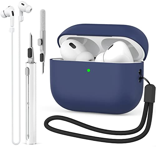 BEAUDOM Silikon Hülle für AirPods Pro 2. Generation [USB-C & Kabelloses Laden] mit Reinigungsstift und Halteband (Mitternachtsblau)