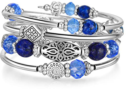 FULU AUTUMN Damen Boho Armband mit Mehrschichtiges Perlen Silber Wickelarmband Modeschmuck Geschenke zum Geburtstag und Muttertag für Frauen(Sapphire)