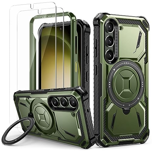 Lanhiem für Samsung Galaxy S23 Hülle mit 2 Stück Schutzfolie, 360 ° Ring Ständer Schutzhülle, Militärischer Stoßfest Handyhülle für Samsung Galaxy S23 Case, Grün