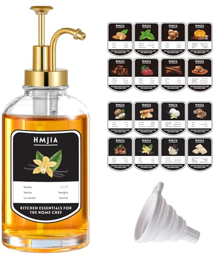 HMJIA Sirup Spender für Küche, 500ml Transparente Glas mit 36 Aufkleber Kaffeesirup Pumpspender Verwendet für Diner, Café, Bar, Rasiertes Eis oder Eisdiele (500ml - 1 Pc, Gold Round)