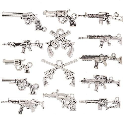 SUNNYCLUE 56PCS 14 Style Gun Charm Bulk Gun Charms Pistol Revolver Weapon Rifle 3D Metal Gun Nail Double Sided Silver Alloy Charms for jewellery Making Charms Earrings Necklace Bracelets DIY Crafts