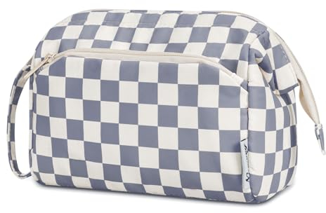 Narwey Kulturtasche Damen Kulturbeutel Kosmetiktasche Schminktasche Reise Make-up-Tasche mit Weit Offener Tasche für Damen Frauen (Gitter Graublau)