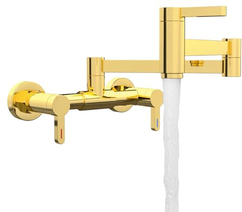 Gold Pot Filler Tap, Wall Mounted Stove Faucet with Aerator, Hot and Cold Foldable Brass Kitchen Tap, Lead-Free, Easy Install