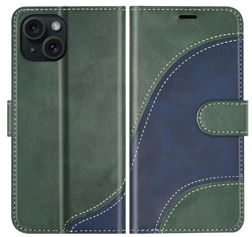 BoxTii Cover per iPhone 15, Custodia in PU Pelle Portafoglio, Magnetica Cover a Libro con Slot per Schede per iPhone 15, Verde
