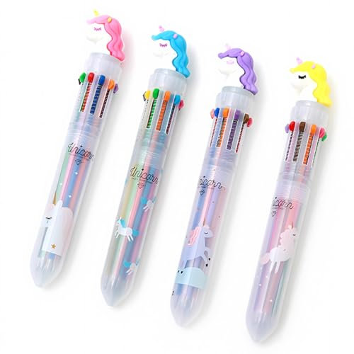 LuLiyLdJ Kugelschreiber 10 Farben 10-in-1 Multicolor - Mehrfarbiger Stift, Einhorn mit geschlossenen Augen, 4 Stück