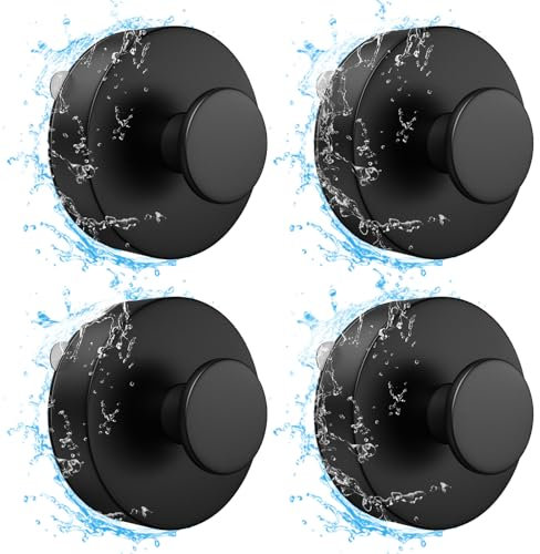 flintronic 4 Stück Schwarz Wandhaken, Saugnapf Haken, Saugknöpfe Saugnäpfe, Handtuchhaken Bademantelhaken Ohne Bohren, Extra Stark Badezimmer Haken, ABS Wasserdicht Saughalter, Handtuchhaken