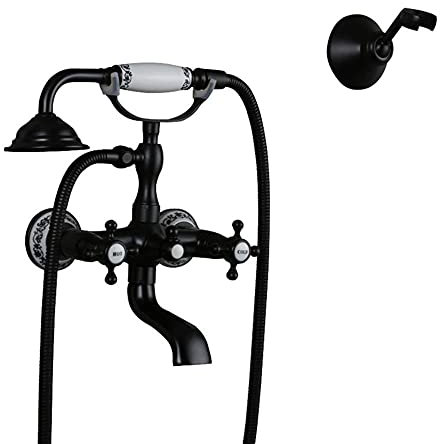 NSTVVEE Retro-Badewannenmischbatterie im viktorianischen Stil mit Duschaufsatz, Schwarze Badewannendusche, Heiß- und Kaltwasserhahn, Kreuzgriff, Badezimmer-Duschmischbatterie für die Badew
