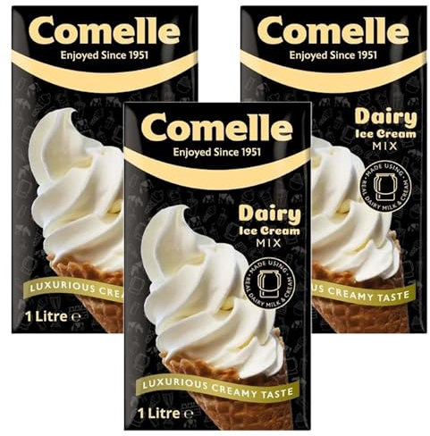 Comelle Real Dairy Ice Cream Mix Creamy Soft Serve 1L Pack of 3 Instant Ready to Freeze UHT Long Life Cream Skimmed Milk Sundea Mouse Dessert with Welari Thank You Card | (3pack) (3L)