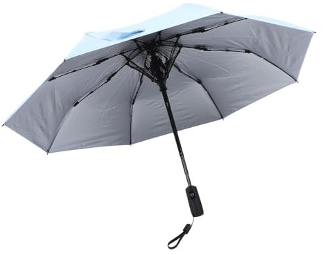 Jiawu Sun Umbrella with Fan, Portable Cooling Fan Foldable Umbrella UPF 50+ for Sun & Rain, USB Rechargeable Travel Umbrellas Personal Fans for Heatstroke, Hot Days (Silver Sky Blue)