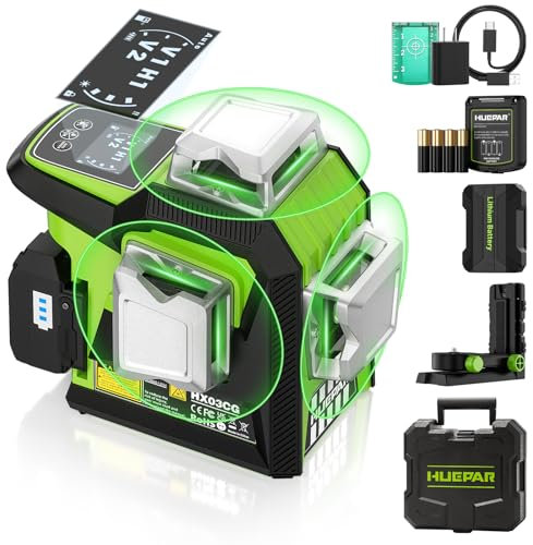 HUEPAR Nivel láser autonivelante con trípode,98 pies línea cruzada de haz verde con modo de pulso, línea horizontal/vertical conmutabl, base magnética de 360° para colgar cuadros/instalar gabinetes