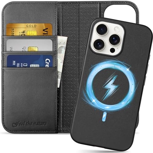 SHIELDON Hülle für iPhone 16 Pro Max, Echtleder Handyhülle [Abnehmbar] [kabelloses Laden] [Kartenfach] [RFID Blocker] Stoßfeste 2 IN 1 Klapphülle Kompatibel mit iPhone 16 Pro Max 5G 6,9 - Schwarz