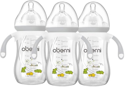 Oberni Babyflaschen Mit weighted Strohhalm, Babyflasche Anti Kolik für Neugeborene Ab 12 Monate, 270ml Milchflasche mit Silikon Sauger Größe 4, Griffs, Grau, 3 Stück