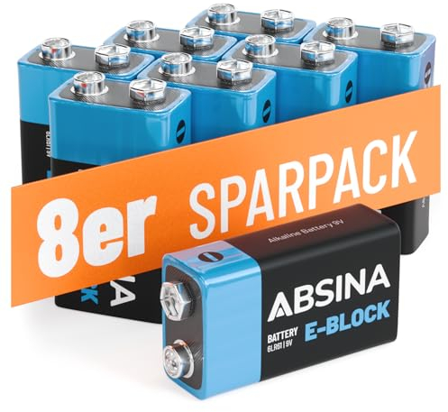 ABSINA 8X batterie 9V industrial - batteria 9V a lunga durata e a prova di perdite per rilevatori di fumo e molto altro - pile 9 volt, batterie 9 Volt, pile quadrate