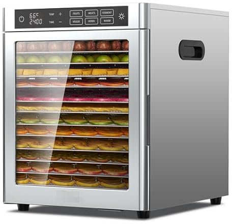 Kwasyo Essiccatore Alimentare professionale in Acciaio Inossidabile 12 Vassoi, 6 Funzioni Preimpostate, Essiccatore 800W, 6 Tappetini in Silicone, 2 Barattoli, 2 Vassoi per Rotoli di Frutta Inclusa