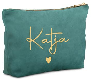 Meine Kosmetiktasche - Personalisierte Samt Kosmetiktasche für Makeup und Kosmetika mit eigenem Namen - Jade Grün 21x15cm