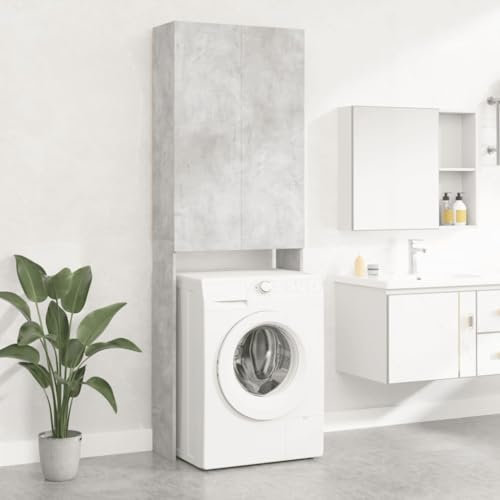 AUVYI Rangement au-dessus des toilettes - Gris béton - 64 x 25,5 x 190 cm - En matériau dérivé du bois - Armoire de machine à laver avec 2 portes et 3 compartiments - Meuble de salle de bain pour