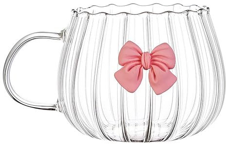 Kuuleyn Glass Pumpkin Cups,Beverage Glass Cup,Cute Bow Single Layer Reusable Coffee Cup,Vertical Stripe Coffee Mug with Handle for Milk Tea Espresso Cappuccino Mocha (Pink)