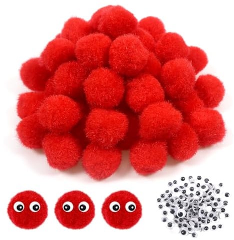 TOAOB 50 Stück 2 cm Rot Pompons zum Basteln Groß Pom Poms | mit Selbstklebend Wackelaugen, Bälle Kunst Bommel für Dekorieren, Verzieren Nähen DIY Lustige Kreativen Handwerk