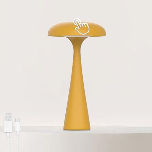 AoLa Pilz LED Tischlampe Akku Kabellos Tischleuchte Pilz Lampe Acryl Lampenschirm Touch Dimmbar Nachttischleuchte USB Aufladbar Kleine Nachtlicht Für Schlafzimmer Bar Wohnzimmer Restaurant,Gelb