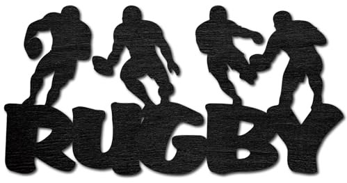 CREATCABIN Rugby Schild Ausschnitt Sport Holz Wanddekoration Hängende Skulptur Schild Schwarze Holzlaser Unvollendete Scheiben Basteln DIY Zuhause Vintage Ornamente Kunstdekor Für Schlafzimmer 30x15cm