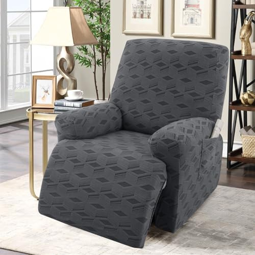 OKYUK Liegestuhlbezüge, Stretch-Jacquard-Bezug für Liegestuhl, Möbelschutz für Kinder und Haustiere, rutschfeste Liegestuhlbezüge mit Seitentaschen zur Aufbewahrung (dunkelgrau kariert, 1-Sitzer)