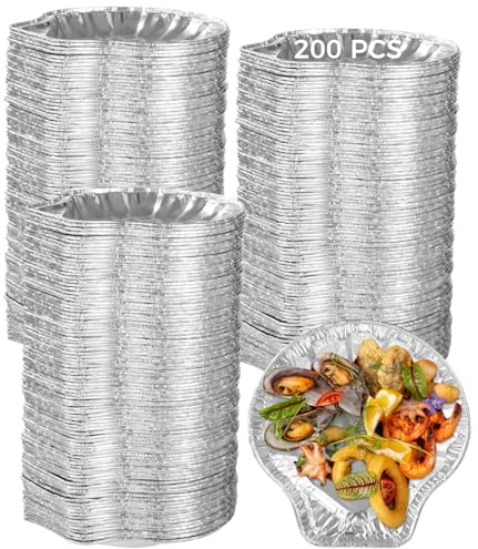 byepica Lot de 200 plateaux jetables en aluminium pour coquillage de palourdes, mini huîtres et coquilles Saint-Jacques, parfaits pour les fruits de mer, les barbecues, la pâtisserie et la