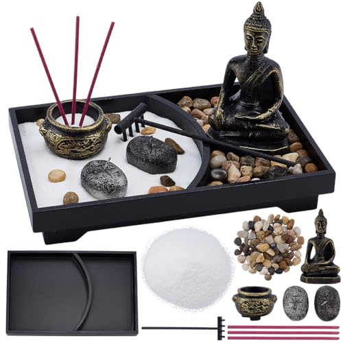 WEBEEDY Buddha Statue Zen Garden Kit DIY Japanese Desktop Meditation Garden Includes Incense Burner, Sand, Stones & Rake for Home Office Desk Yoga Zen Decor Spiritual Gift, 22.5x15 cm