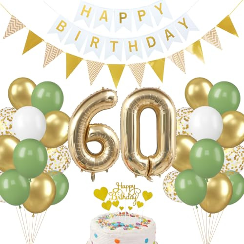 Vuemhjaey 60 Geburtstag Deko set für Männer & frauen - 32 Zoll Folienballon, Luftballons in Grün & Gold, Herz Tortendeko, Banner & Flagge - Perfekt für Servietten 60. Geburtstag