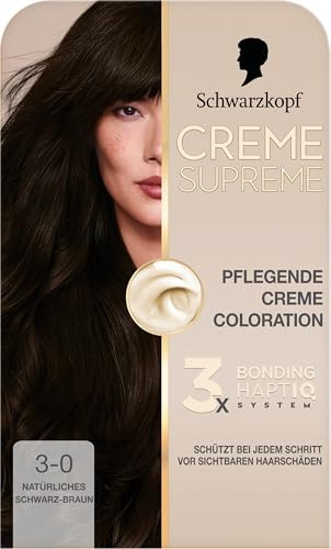 Schwarzkopf Creme Supreme Coloration 3-0 Natürliches Schwarz-Braun (182 ml), dauerhafte Haarfarbe mit Serum und Haar-Maske schützt vor sichtbaren Haarschäden, für 100% Grauabdeckung