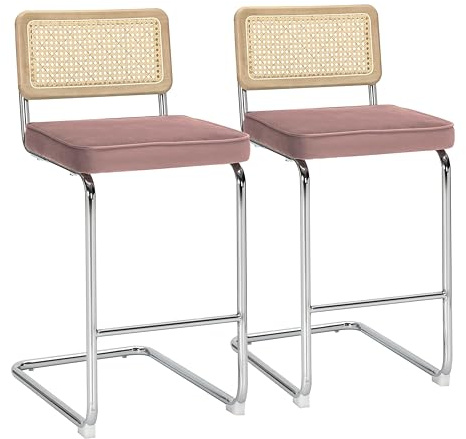 Oviala Lot de 2 chaises Hautes en Acier et Velours Rose poudré
