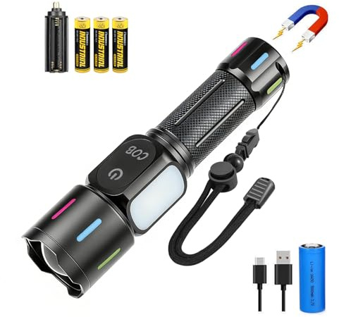 Jzcokeng Taschenlampe LED Aufladbar, 9 Lichtmodi Taschenlampe mit Hauptlicht und COB Seitenlicht, Extrem Helle Zoom Wasserdichte Flashlight Torch Light für Camping, Wandern, Notfall