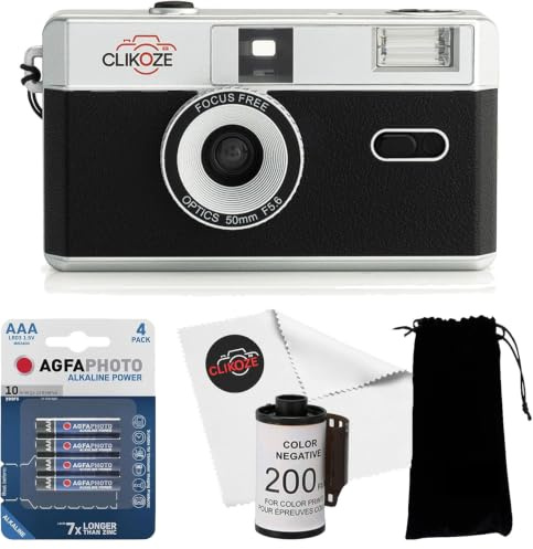 35mm Half Frame Film Camera Starter Bundle with 36 Exp Film, Carrying Case, 4 x AAA Batteries and Lens Cloth - Black