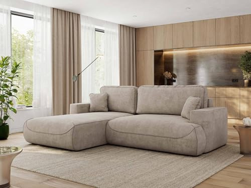 MKS MEBLE Ecksofa Wohnlandschaft L-Form mit Schlaffunktion und Bettwäscheschrank, Schlafsofa mit Bettkasten, modernes Sofa OVO L - Links - Beige Strukture