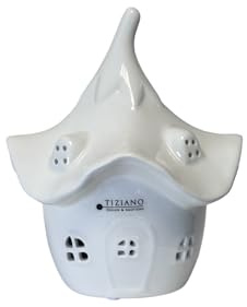 Tiziano® Keramik Häuschen Bobelli LED Creme-weiß (15,5cm) - Märchenhafte Deko für Zimmer und Fensterbank - Ideal für LED Beleuchtung und saisonale Arrangements - Perfekt für wohnliche Atmosphäre