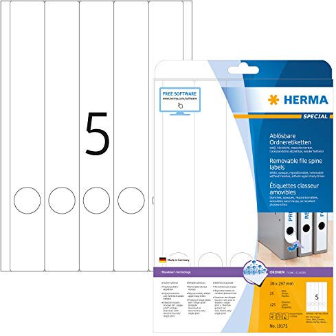 HERMA 10175 Ordnerrücken Etiketten ablösbar lang schmal, 25 Blatt, 38 x 297 mm, 5 pro A4 Bogen, 125 Stück, selbstklebend, bedruckbar, blickdicht, Papier Ordneretiketten Rückenschilder Aufkleber, weiß