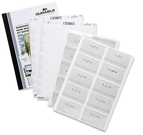 Durable Namensschilder Set, 54 x 90 mm mit Nadel, inklusiv 20 Namensschilder und 3 Beschriftungsbögen, 869700