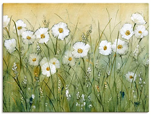 ARTLAND Wanddeko Leinwand Bilder Wandbild 120 x 90 cm Botanik Blumen Gänseblümchen Malerei Grün Gänseblümchenfrühling II T1AS