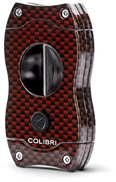 Colibri-Cortapuros rojo con impresión fibra de carbono en acero inoxidable-guillotina resorte-Cigarros de hasta 2,38cm de diámetro-Corte en V profundo 7mm.Con estuche de regalo.Colibri desde 1928