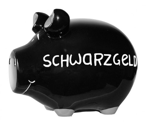 Sparschwein Moneybank 'Schwarzgeld' schwarz mit grau und weißer Schrift