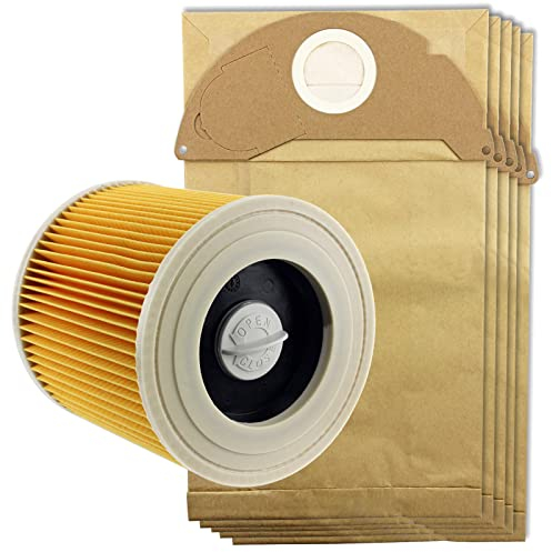 SPARES2GO Wet & Dry Filterpatrone + Staubbeutel kompatibel mit Karcher MV2 IPX4 Staubsauger (Filter + 5 Beutel)
