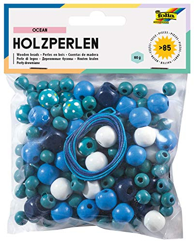 folia 22972 - Holzperlen, Ocean-Mix, blau/türkis, 60 g entspricht bis zu 85 Teilen, in verschiedenen Farben und Formen, zum Basteln von Ketten und Armbändern, inklusive 2 Schnüre je ca. 85 cm