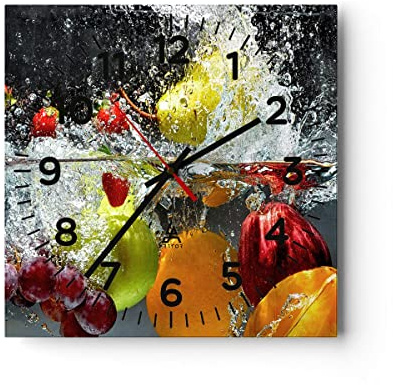 Modern Wanduhr Früchte Wasser Spritzer Essen 40x40cm Quadrat Groß Wand Uhr Glas Analog Zimmeruhren Küche Büro Wohnzimmer Glasuhr Wall Clock Dekoration Design Wanddekoration Küchenuhr C4AC40x40-2972