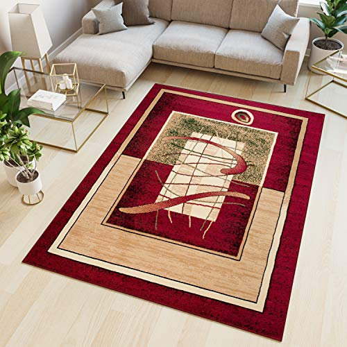 TAPISO Atlas Teppich Kurzflor Vierecke Streifen Rot Beige Creme Grün Bordüre Wohnzimmer Schlafzimmer Vintage Modern ÖKOTEX 140 x 200 cm