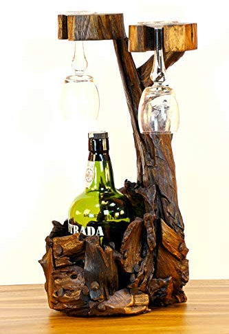 Kinaree Teak Wurzelholz Flaschenständer - 45cm Teak Flaschenhalter - Edel und dekorativ für 1 Flasche und 2 Gläser